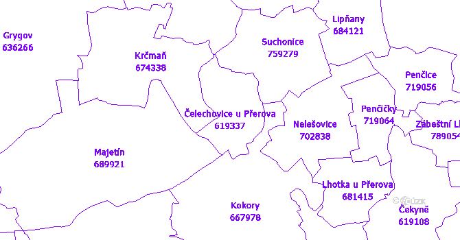 Katastrální mapa Čelechovice u Přerova - přehledová mapa katastrálního území
