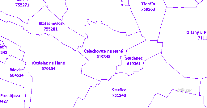 Katastrální mapa Čelechovice na Hané - přehledová mapa katastrálního území