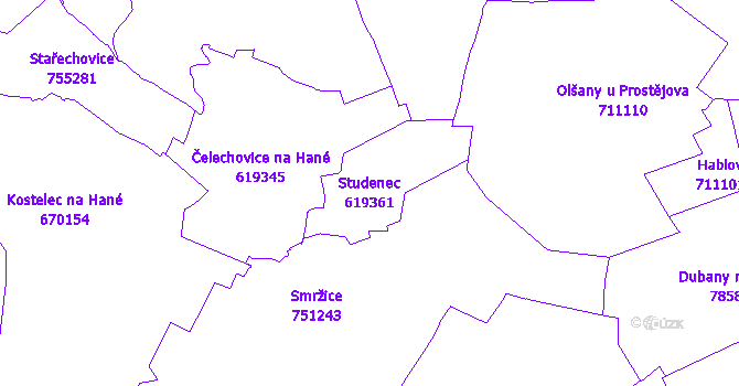 Katastrální mapa Studenec - přehledová mapa katastrálního území
