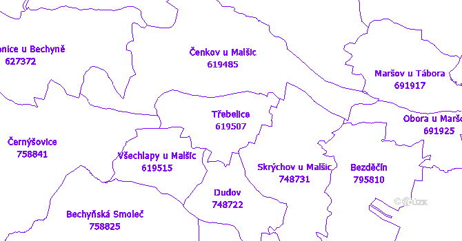 Katastrální mapa Třebelice - přehledová mapa katastrálního území