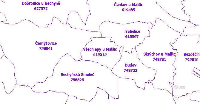 Katastrální mapa Všechlapy u Malšic - přehledová mapa katastrálního území