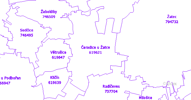 Katastrální mapa Čeradice u Žatce - přehledová mapa katastrálního území