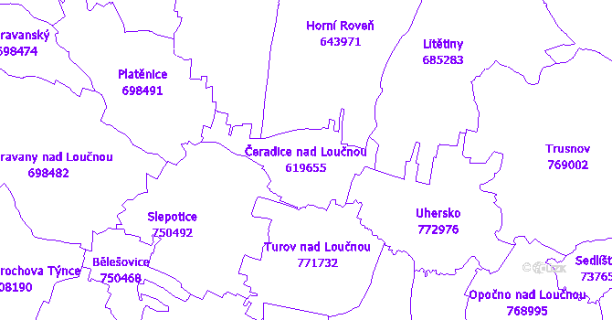 Katastrální mapa Čeradice nad Loučnou - přehledová mapa katastrálního území