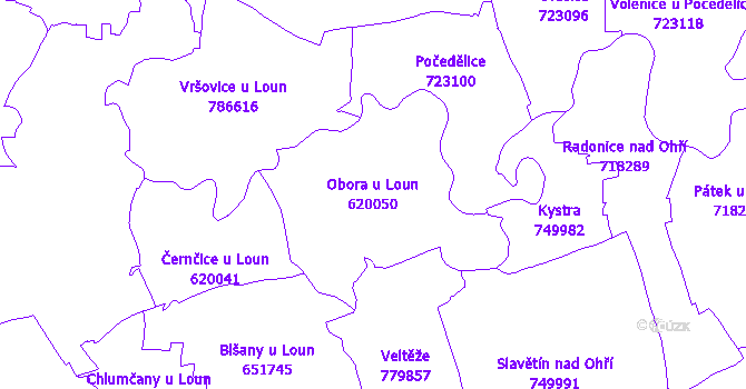 Katastrální mapa Obora u Loun - přehledová mapa katastrálního území