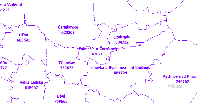 Katastrální mapa Domašín u Černíkovic - přehledová mapa katastrálního území