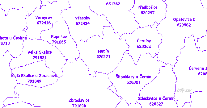 Katastrální mapa Hetlín - přehledová mapa katastrálního území