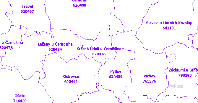 Katastrální mapa Krásné Údolí u Černošína - přehledová mapa katastrálního území