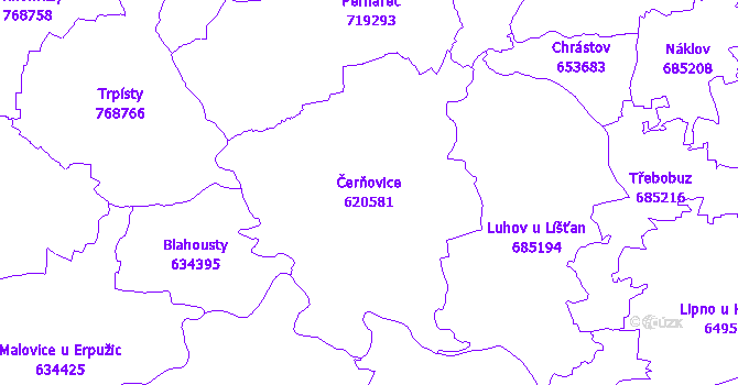 Katastrální mapa Čerňovice - přehledová mapa katastrálního území