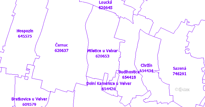 Katastrální mapa Miletice u Velvar - přehledová mapa katastrálního území