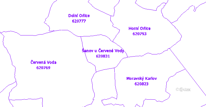Katastrální mapa Šanov u Červené Vody - přehledová mapa katastrálního území