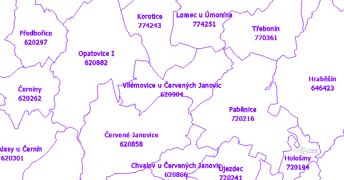 Katastrální mapa Vilémovice u Červených Janovic - přehledová mapa katastrálního území