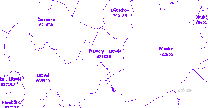 Katastrální mapa Tři Dvory u Litovle - přehledová mapa katastrálního území