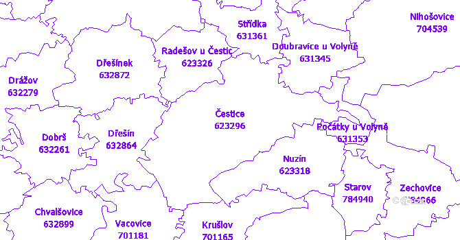 Katastrální mapa Čestice - přehledová mapa katastrálního území