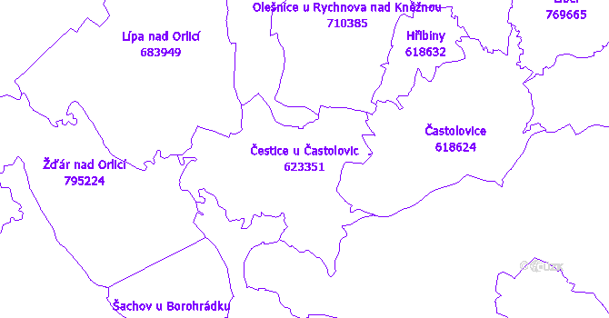 Katastrální mapa Čestice u Častolovic - přehledová mapa katastrálního území