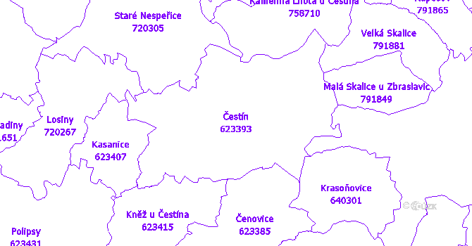 Katastrální mapa Čestín - přehledová mapa katastrálního území