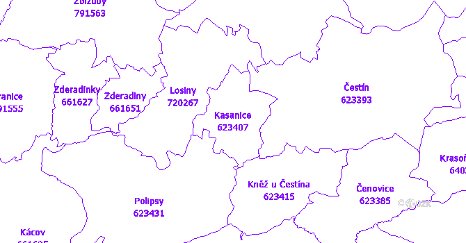 Katastrální mapa Kasanice - přehledová mapa katastrálního území