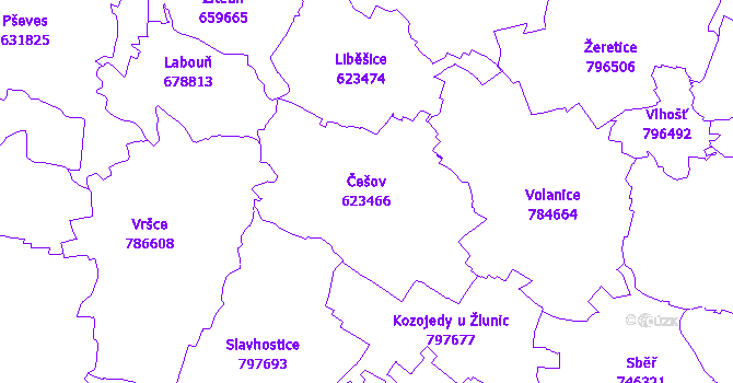 Katastrální mapa Češov - přehledová mapa katastrálního území