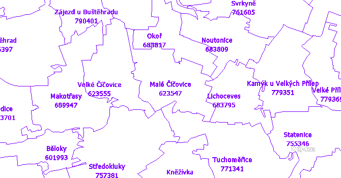 Katastrální mapa Malé Číčovice - přehledová mapa katastrálního území