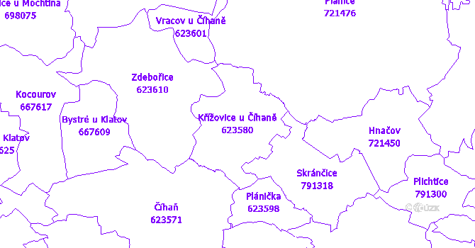 Katastrální mapa Křížovice u Číhaně - přehledová mapa katastrálního území