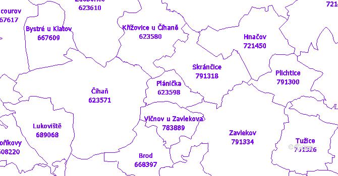 Katastrální mapa Plánička - přehledová mapa katastrálního území
