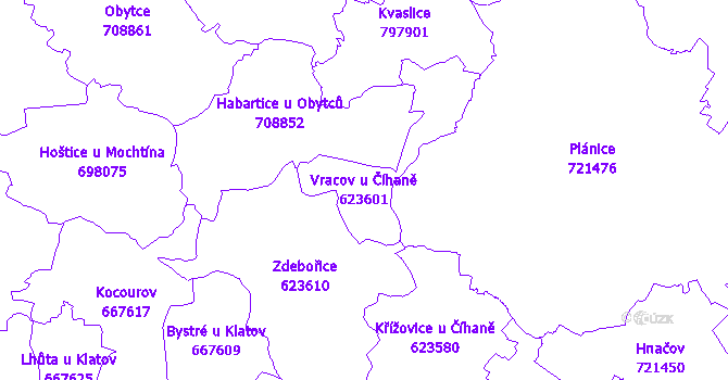 Katastrální mapa Vracov u Číhaně - přehledová mapa katastrálního území