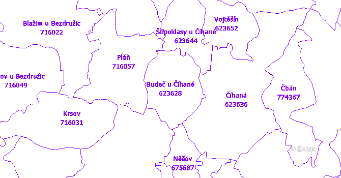 Katastrální mapa Budeč u Číhané - přehledová mapa katastrálního území