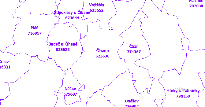 Katastrální mapa Číhaná - přehledová mapa katastrálního území