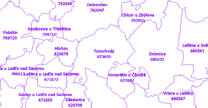 Katastrální mapa Tunochody - přehledová mapa katastrálního území