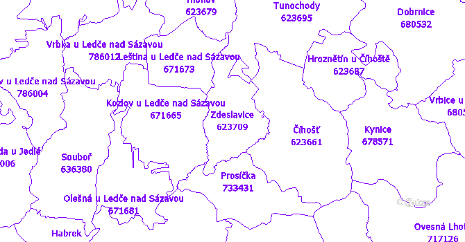 Katastrální mapa Zdeslavice - přehledová mapa katastrálního území