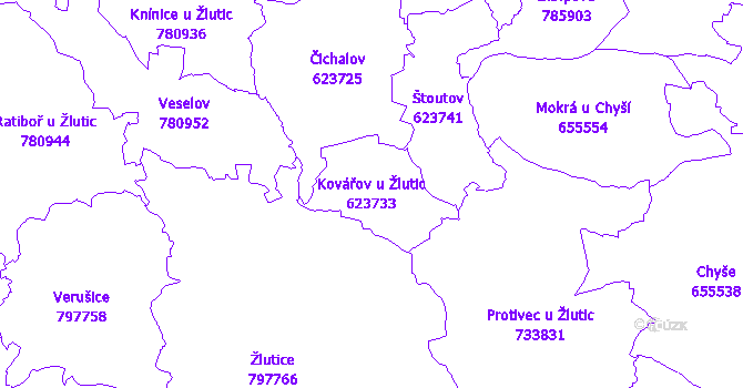 Katastrální mapa Kovářov u Žlutic - přehledová mapa katastrálního území
