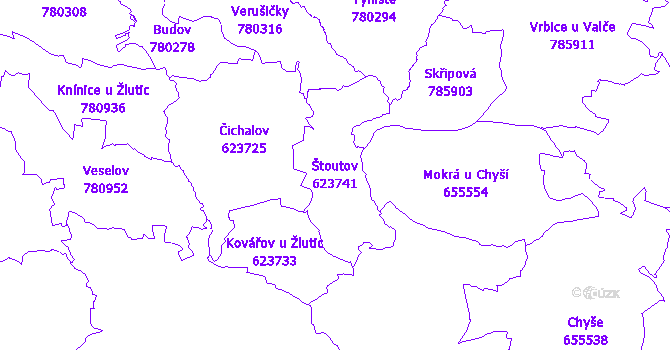 Katastrální mapa Štoutov - přehledová mapa katastrálního území
