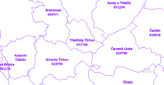 Katastrální mapa Třebíčský Číchov - přehledová mapa katastrálního území