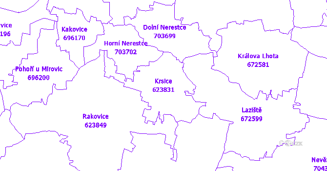 Katastrální mapa Krsice - přehledová mapa katastrálního území