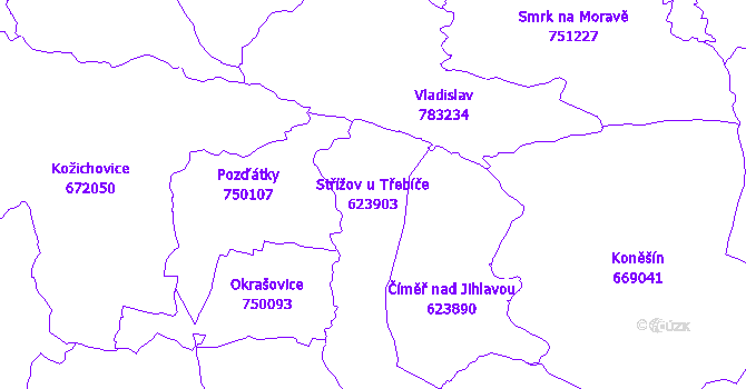 Katastrální mapa Střížov u Třebíče - přehledová mapa katastrálního území