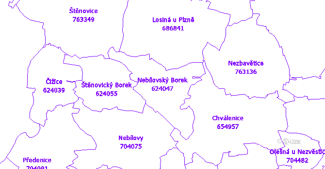 Katastrální mapa Nebílovský Borek - přehledová mapa katastrálního území