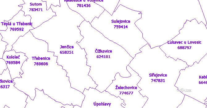 Katastrální mapa Čížkovice - přehledová mapa katastrálního území