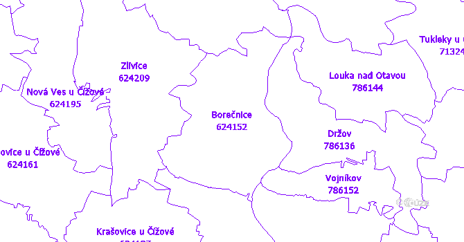 Katastrální mapa Borečnice - přehledová mapa katastrálního území