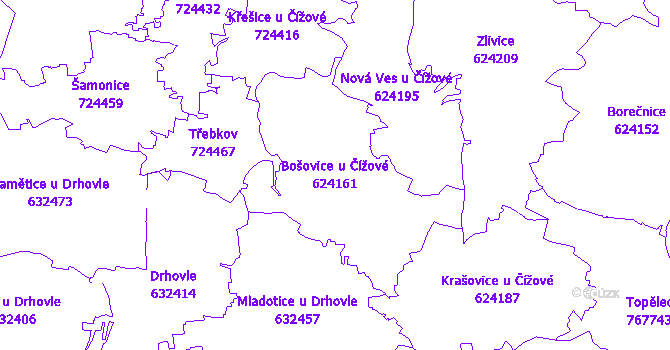 Katastrální mapa Bošovice u Čížové - přehledová mapa katastrálního území