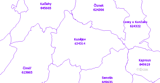Katastrální mapa Kunějov - přehledová mapa katastrálního území