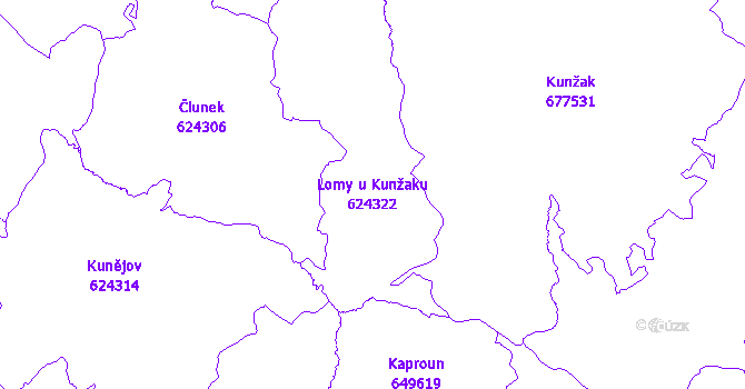 Katastrální mapa Lomy u Kunžaku - přehledová mapa katastrálního území