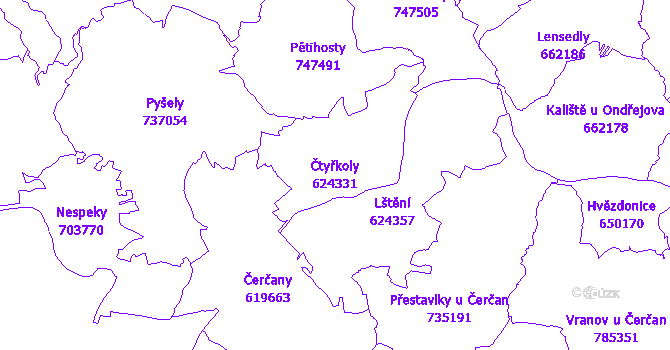 Katastrální mapa Čtyřkoly - přehledová mapa katastrálního území