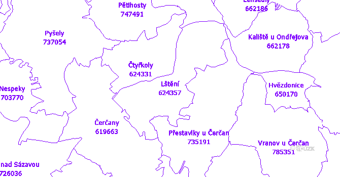 Katastrální mapa Lštění - přehledová mapa katastrálního území