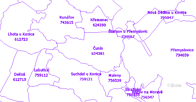Katastrální mapa Čunín