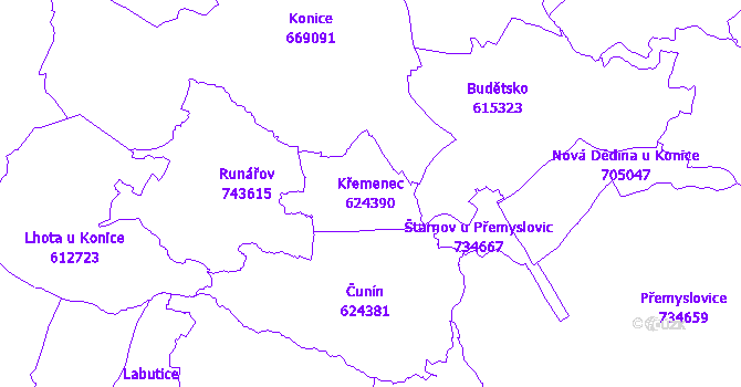 Katastrální mapa Křemenec - přehledová mapa katastrálního území