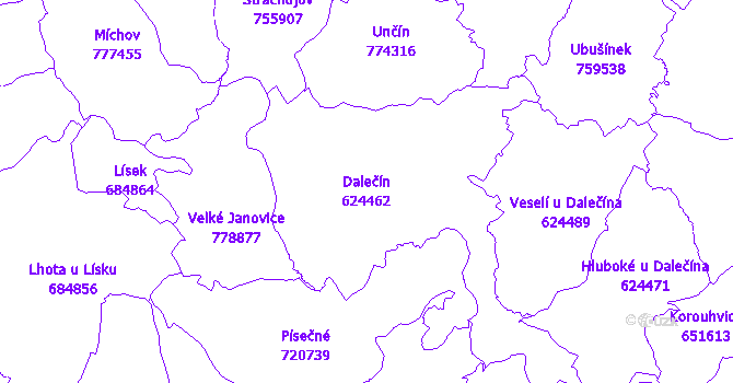 Katastrální mapa Dalečín - přehledová mapa katastrálního území