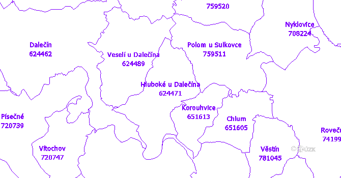 Katastrální mapa Hluboké u Dalečína - přehledová mapa katastrálního území