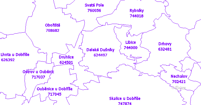Katastrální mapa Daleké Dušníky - přehledová mapa katastrálního území
