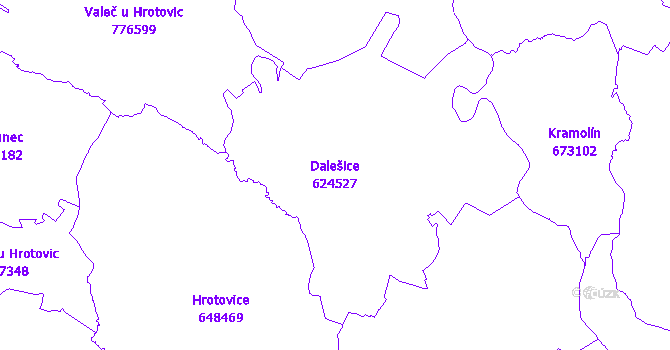 Katastrální mapa Dalešice - přehledová mapa katastrálního území