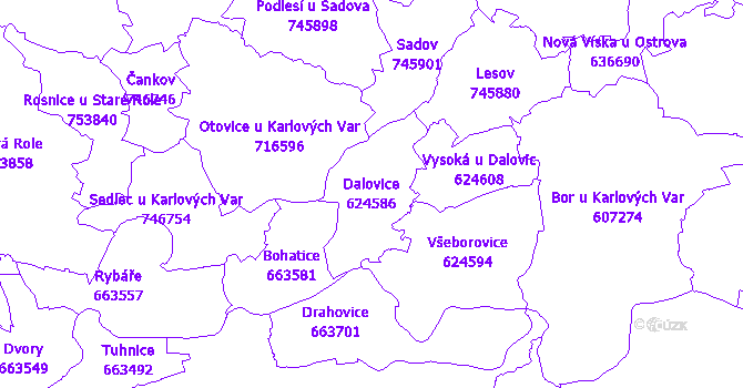 Katastrální mapa Dalovice - přehledová mapa katastrálního území