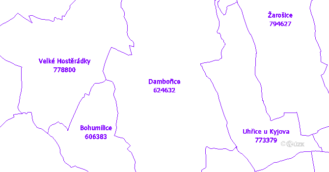 Katastrální mapa Dambořice - přehledová mapa katastrálního území